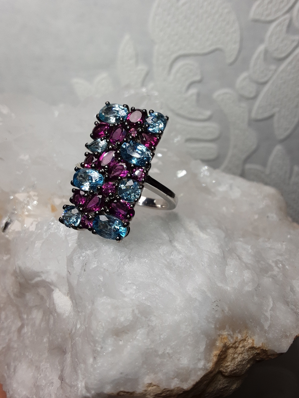 925, Blue Zircon, Rhodolite Garnet Ring.